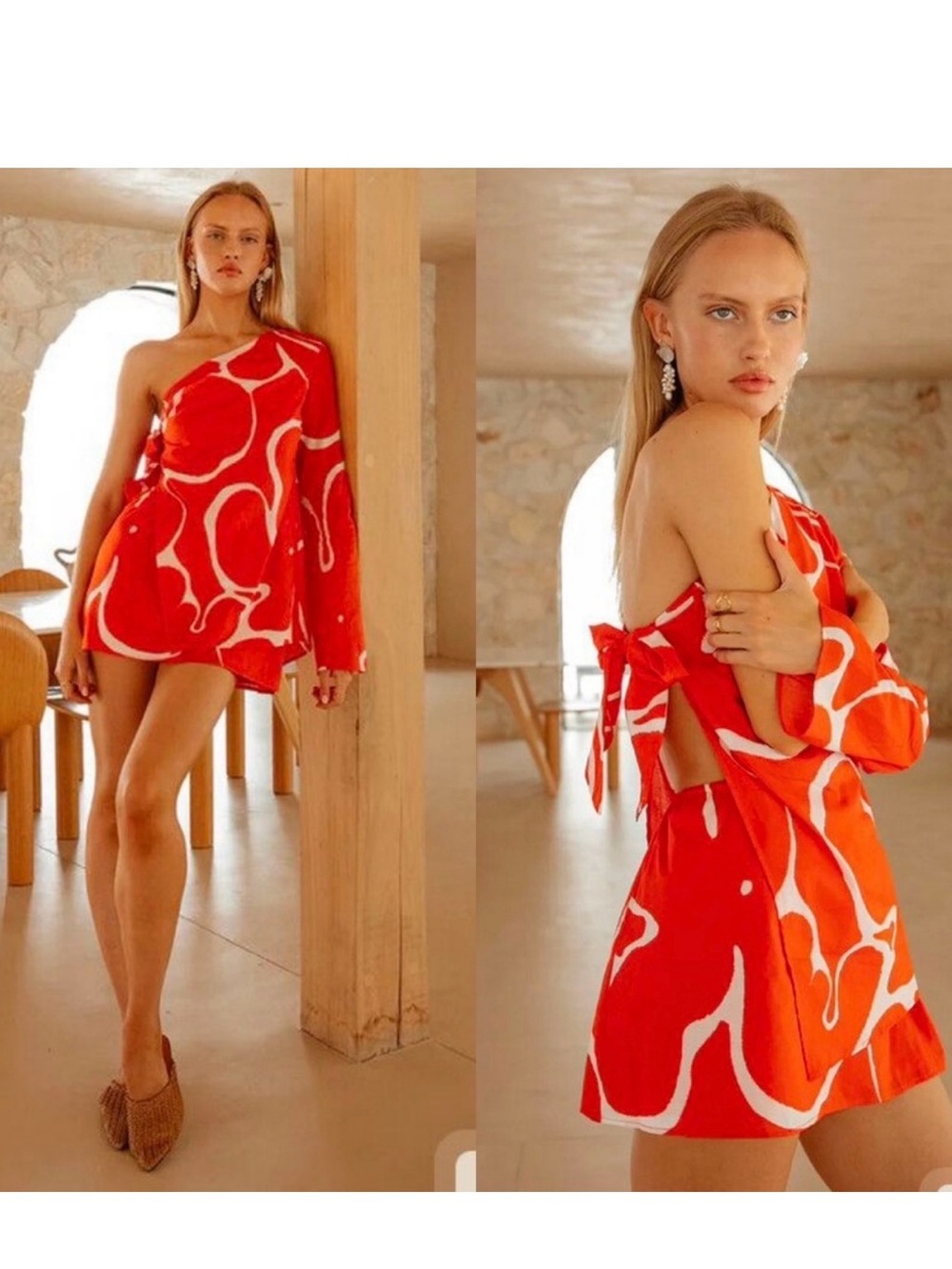 Red One-Shoulder Mini Dress with Abstract White Print